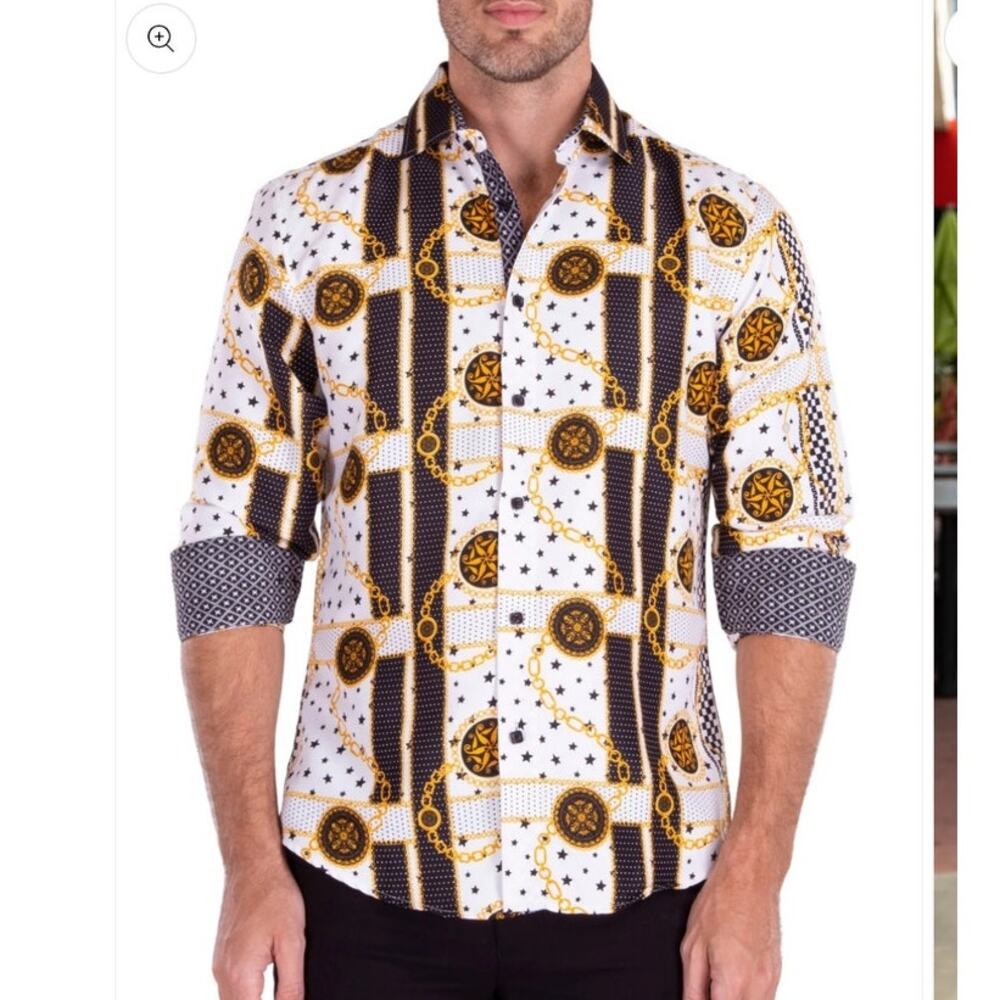 BC Collection Spangled Modern Button Up Long Sleeve Monogram Gold Chain Shirt